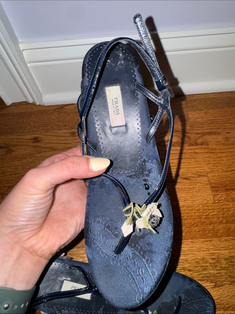 Prada Navy Floral Appliqué Wedge Sandals - Picture 2 of 4